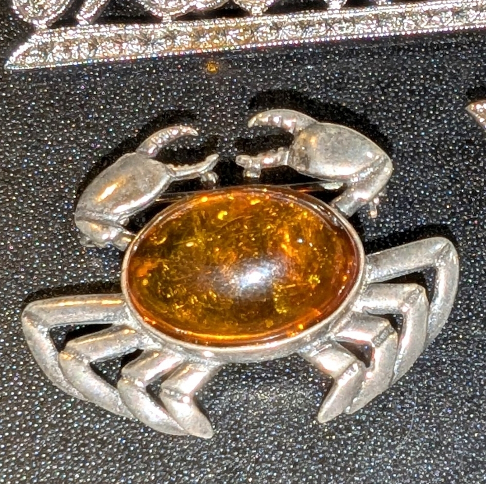 Sterling Silver and Baltic Amber Crab Brooch Pin